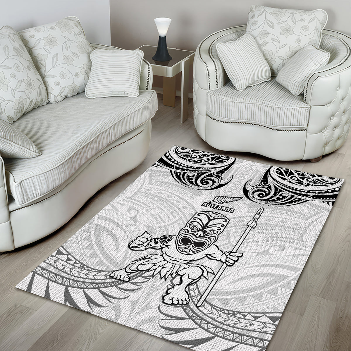New Zealand Maori Taiaha Area Rug Tiki Warrior White LT05 - Polynesian Pride