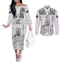 Custom New Zealand Maori Taiaha Couples Matching Off The Shoulder Long Sleeve Dress and Long Sleeve Button Shirt Tiki Warrior White LT05 White - Polynesian Pride