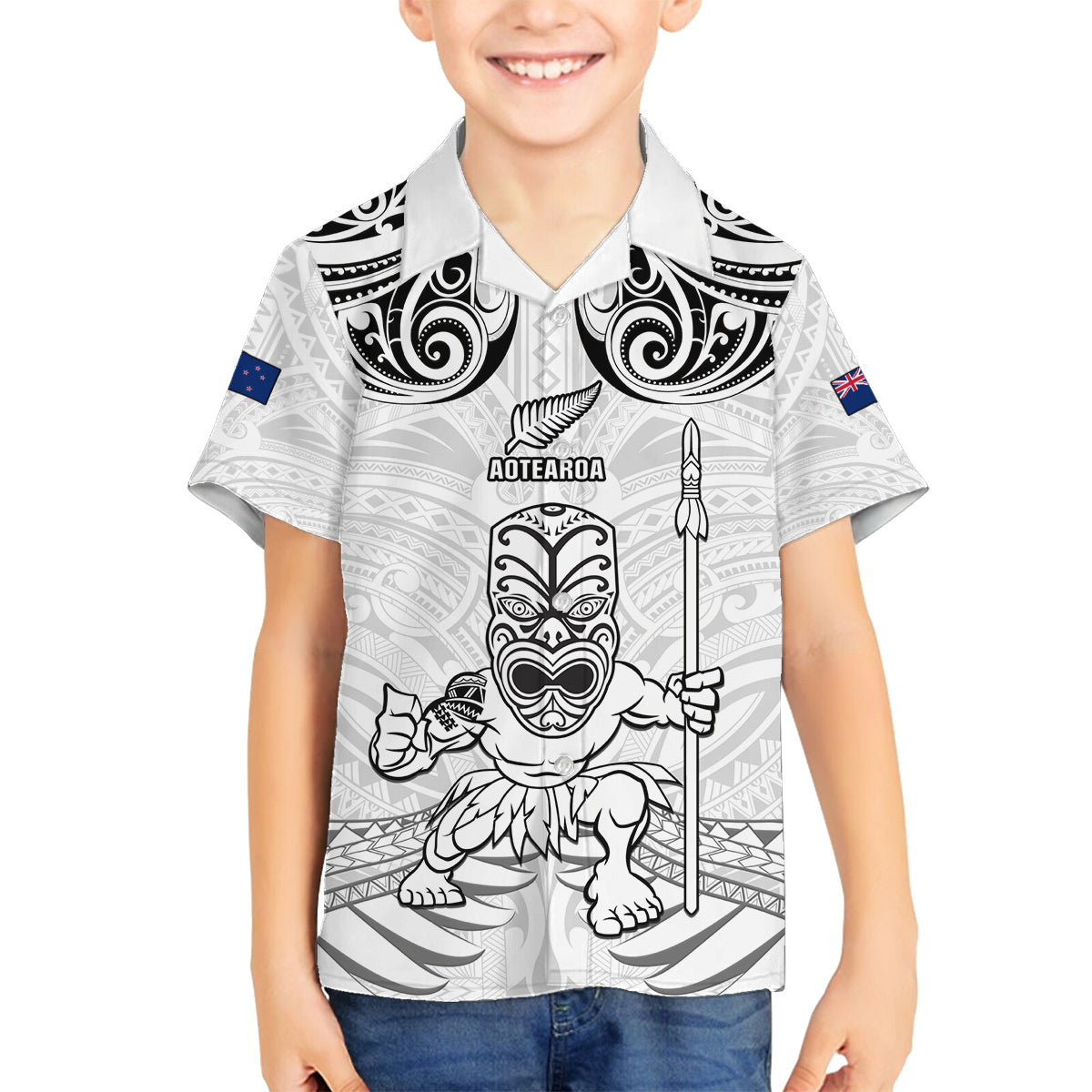 Custom New Zealand Maori Taiaha Family Matching Off Shoulder Long Sleeve Dress and Hawaiian Shirt Tiki Warrior White LT05 Son's Shirt White - Polynesian Pride