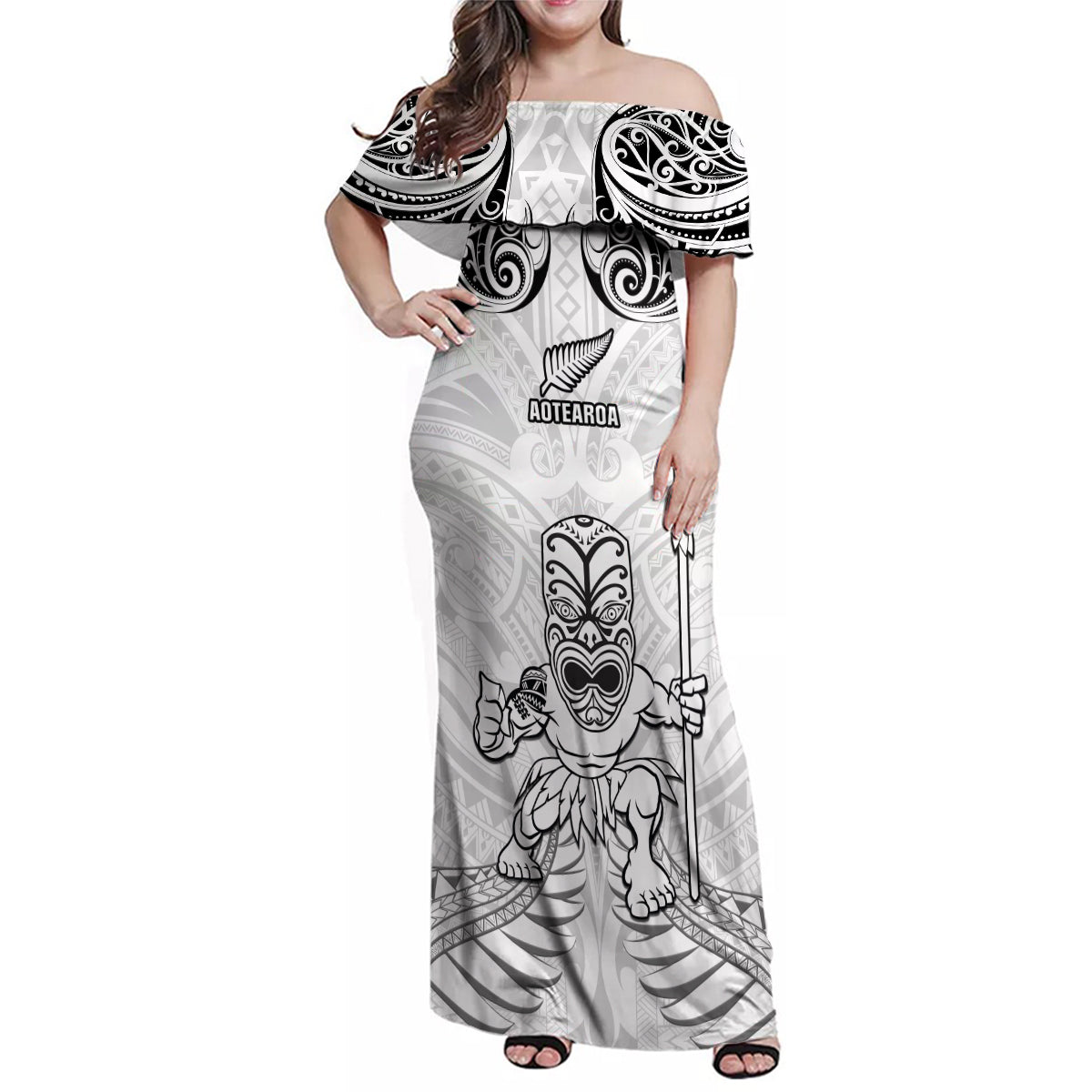 Custom New Zealand Maori Taiaha Family Matching Off Shoulder Maxi Dress and Hawaiian Shirt Tiki Warrior White LT05 Mom's Dress White - Polynesian Pride