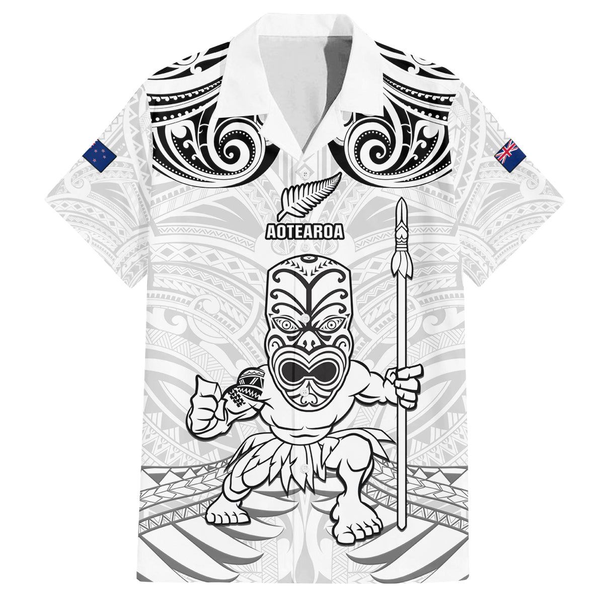 Custom New Zealand Maori Taiaha Family Matching Off Shoulder Short Dress and Hawaiian Shirt Tiki Warrior White LT05 Dad's Shirt - Short Sleeve White - Polynesian Pride