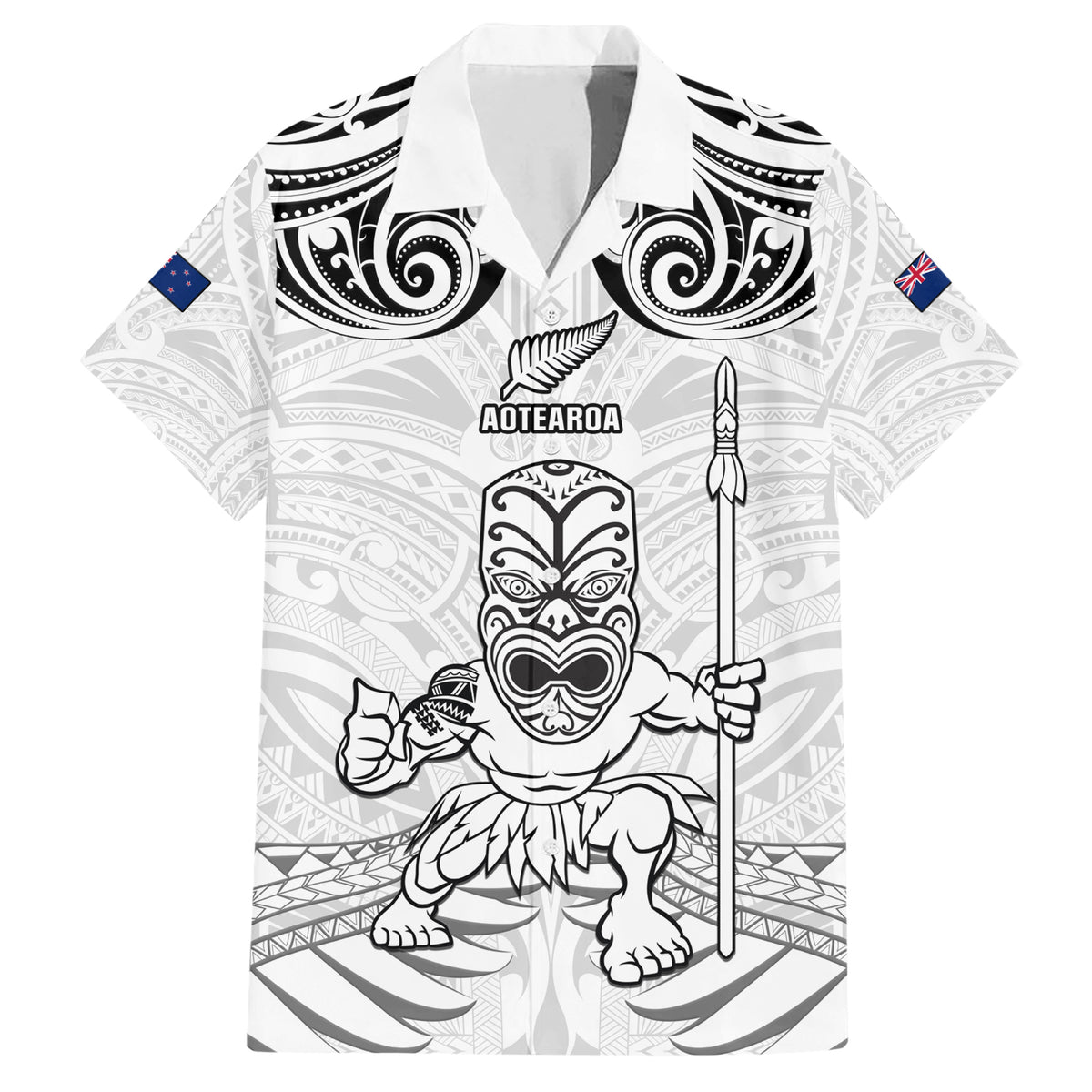 Custom New Zealand Maori Taiaha Family Matching Short Sleeve Bodycon Dress and Hawaiian Shirt Tiki Warrior White LT05 Dad's Shirt - Short Sleeve White - Polynesian Pride