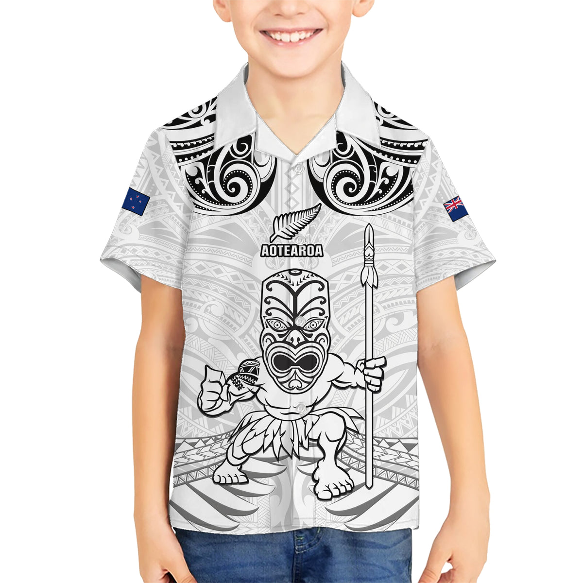 Custom New Zealand Maori Taiaha Family Matching Short Sleeve Bodycon Dress and Hawaiian Shirt Tiki Warrior White LT05 Son's Shirt White - Polynesian Pride