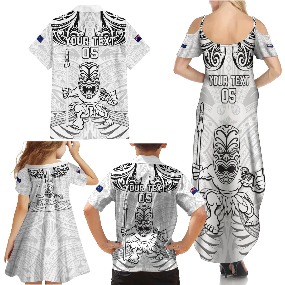 Custom New Zealand Maori Taiaha Family Matching Summer Maxi Dress and Hawaiian Shirt Tiki Warrior White LT05 - Polynesian Pride