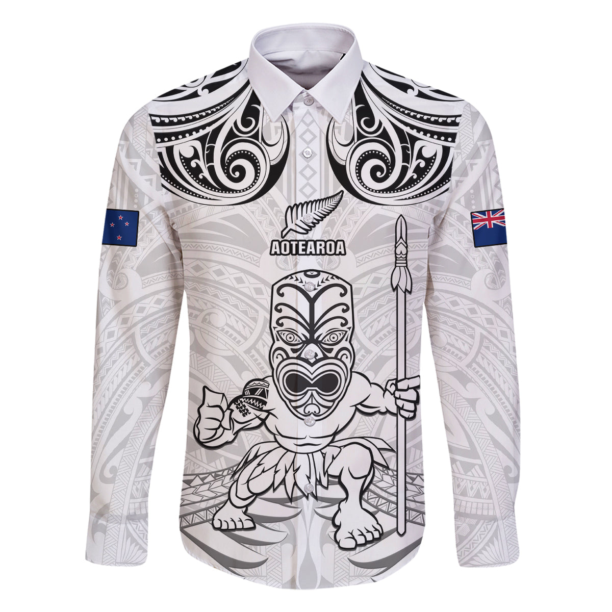 Custom New Zealand Maori Taiaha Family Matching Tank Maxi Dress and Hawaiian Shirt Tiki Warrior White LT05 Dad's Shirt - Long Sleeve White - Polynesian Pride