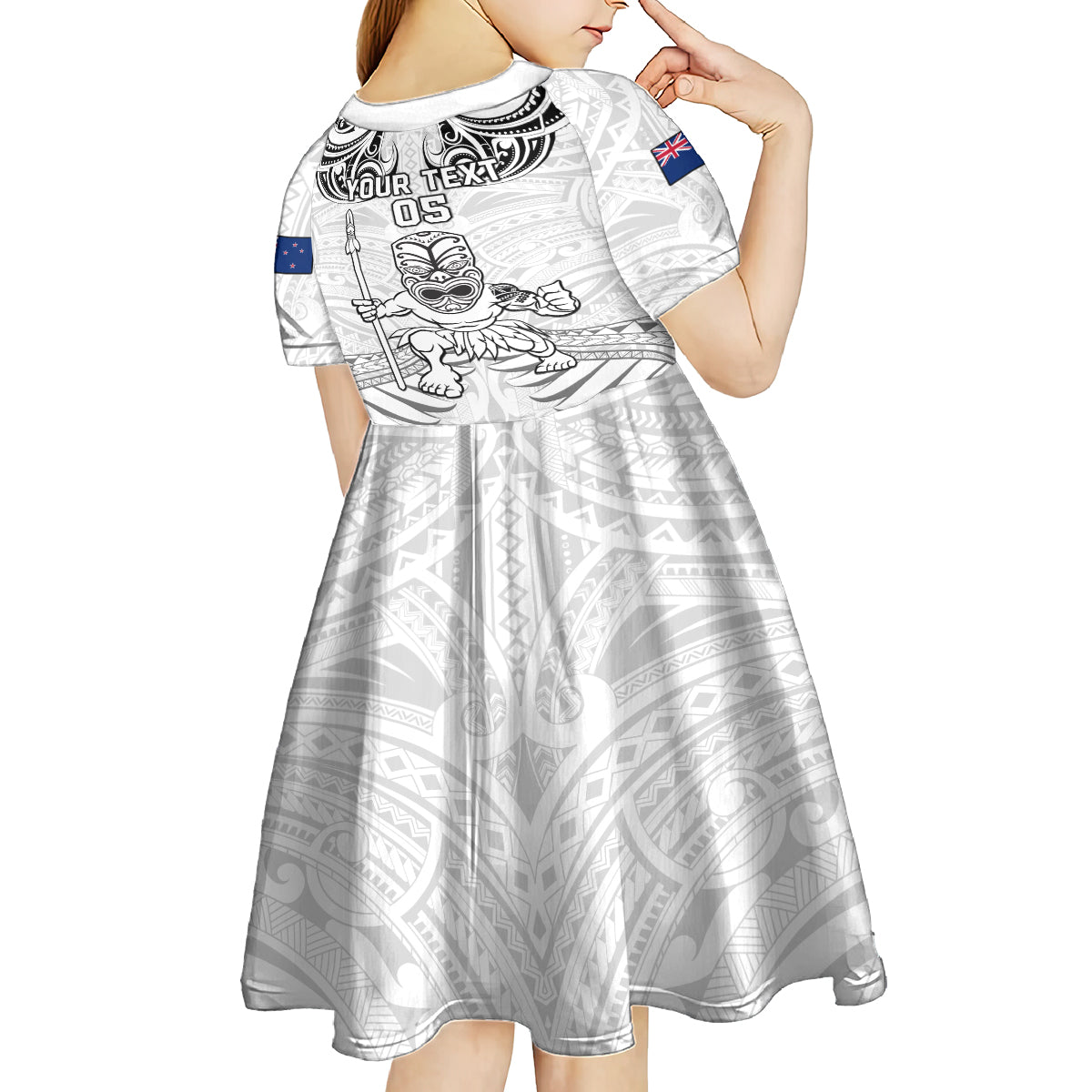 Custom New Zealand Maori Taiaha Kid Short Sleeve Dress Tiki Warrior White LT05 - Polynesian Pride