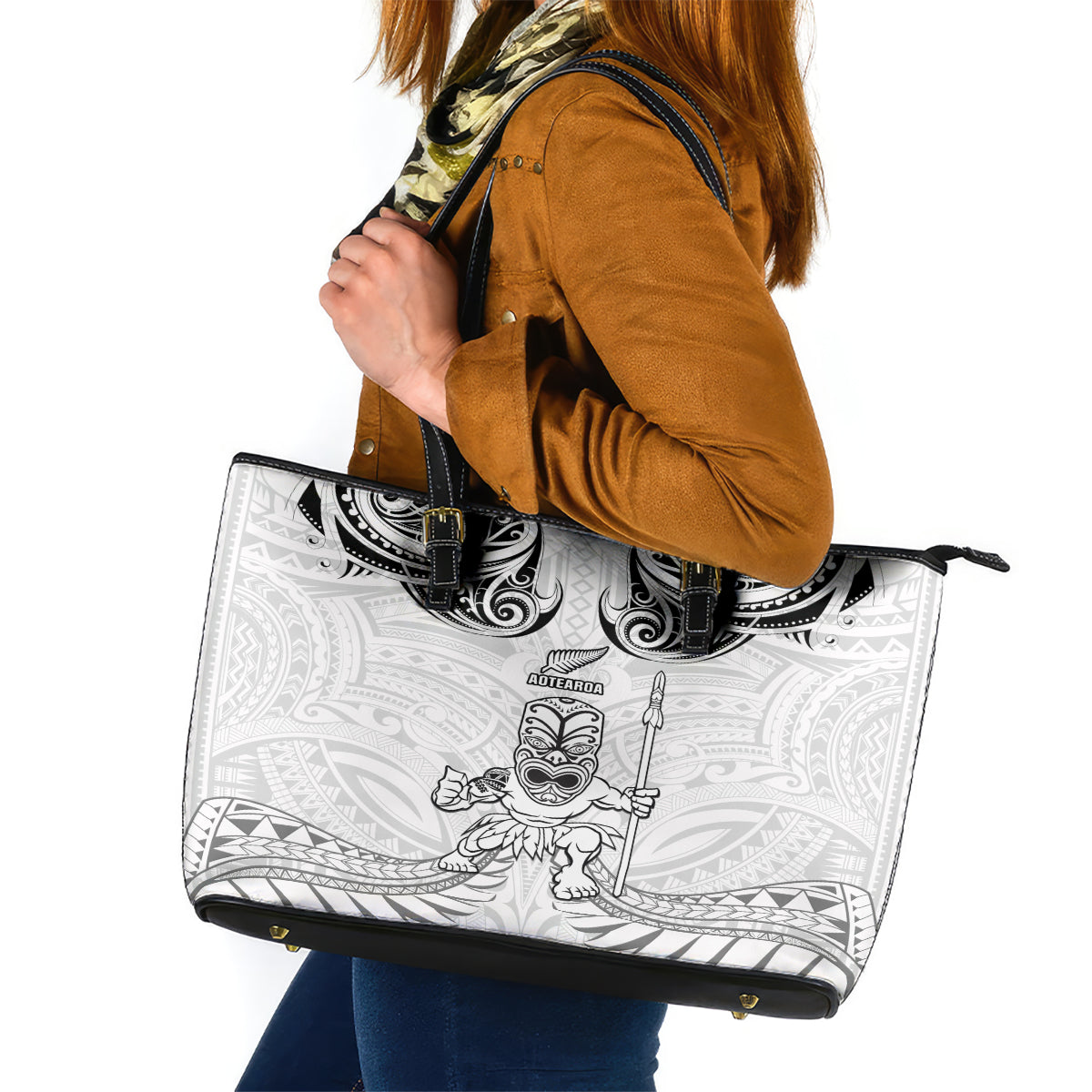 New Zealand Maori Taiaha Leather Tote Bag Tiki Warrior White LT05 White - Polynesian Pride