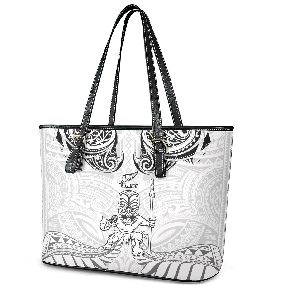 New Zealand Maori Taiaha Leather Tote Bag Tiki Warrior White LT05 - Polynesian Pride