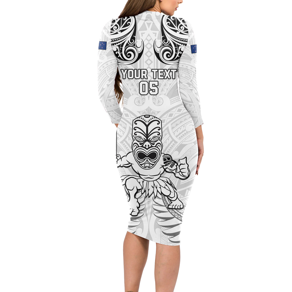 Custom New Zealand Maori Taiaha Long Sleeve Bodycon Dress Tiki Warrior White LT05 - Polynesian Pride