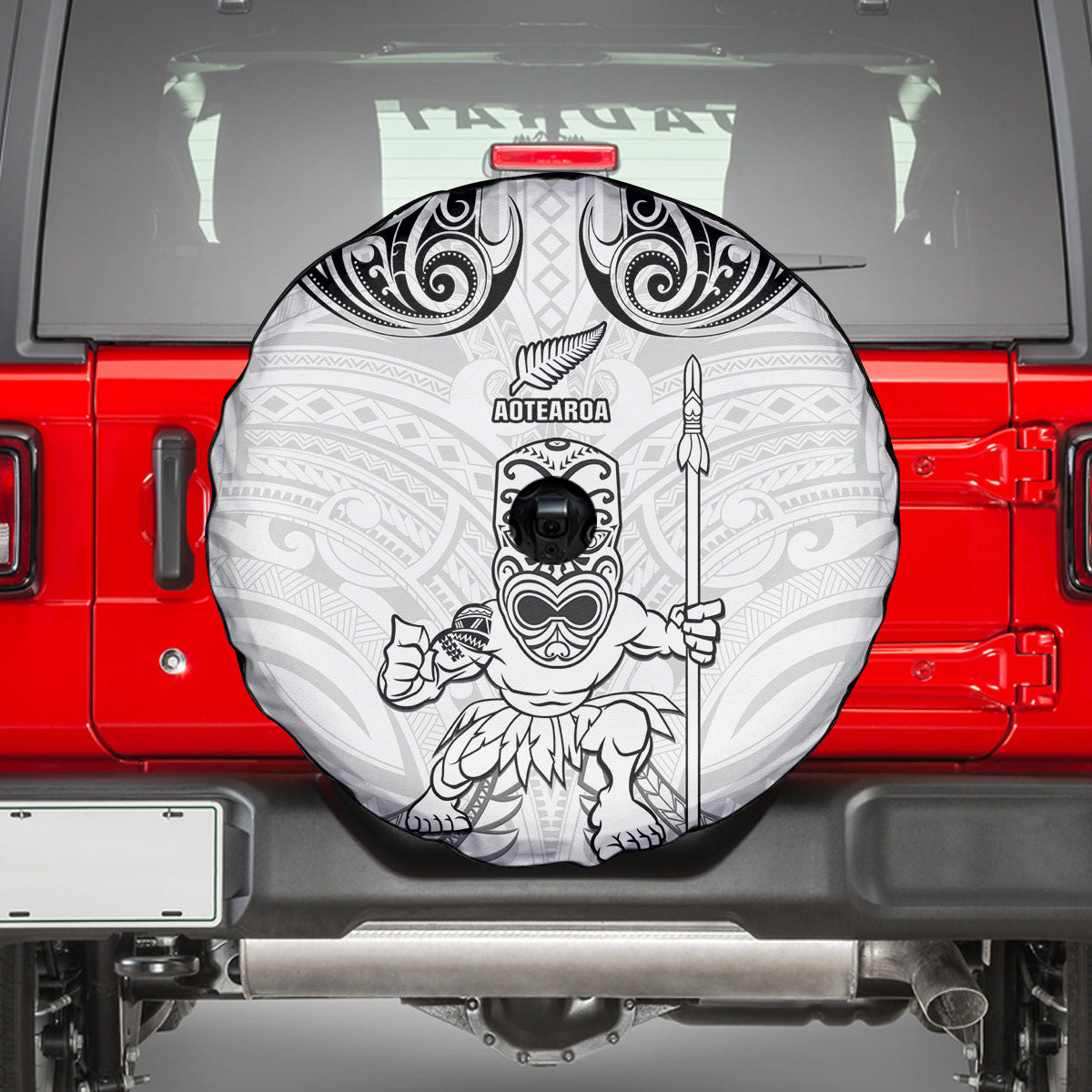 New Zealand Maori Taiaha Spare Tire Cover Tiki Warrior White LT05 - Polynesian Pride