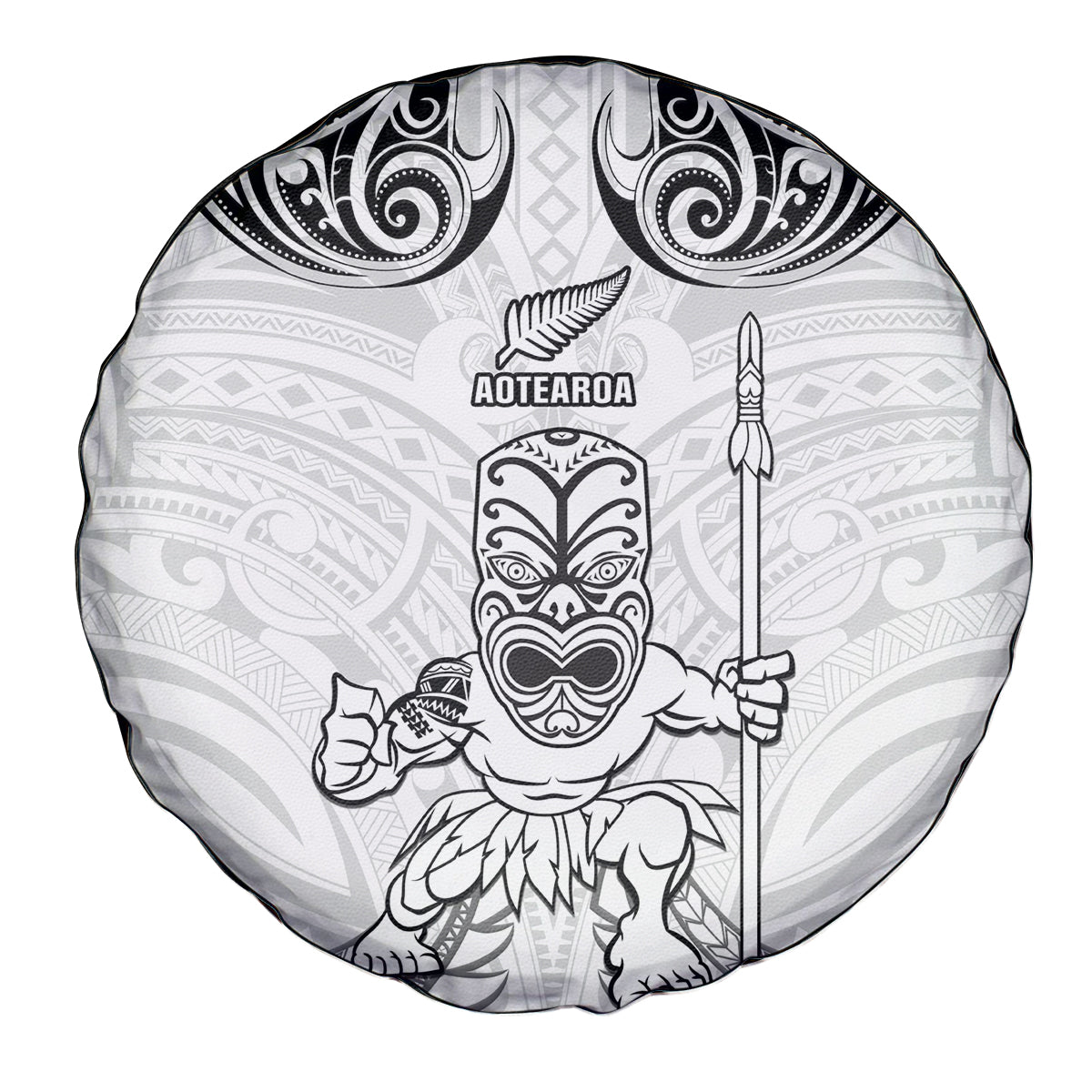New Zealand Maori Taiaha Spare Tire Cover Tiki Warrior White LT05 - Polynesian Pride