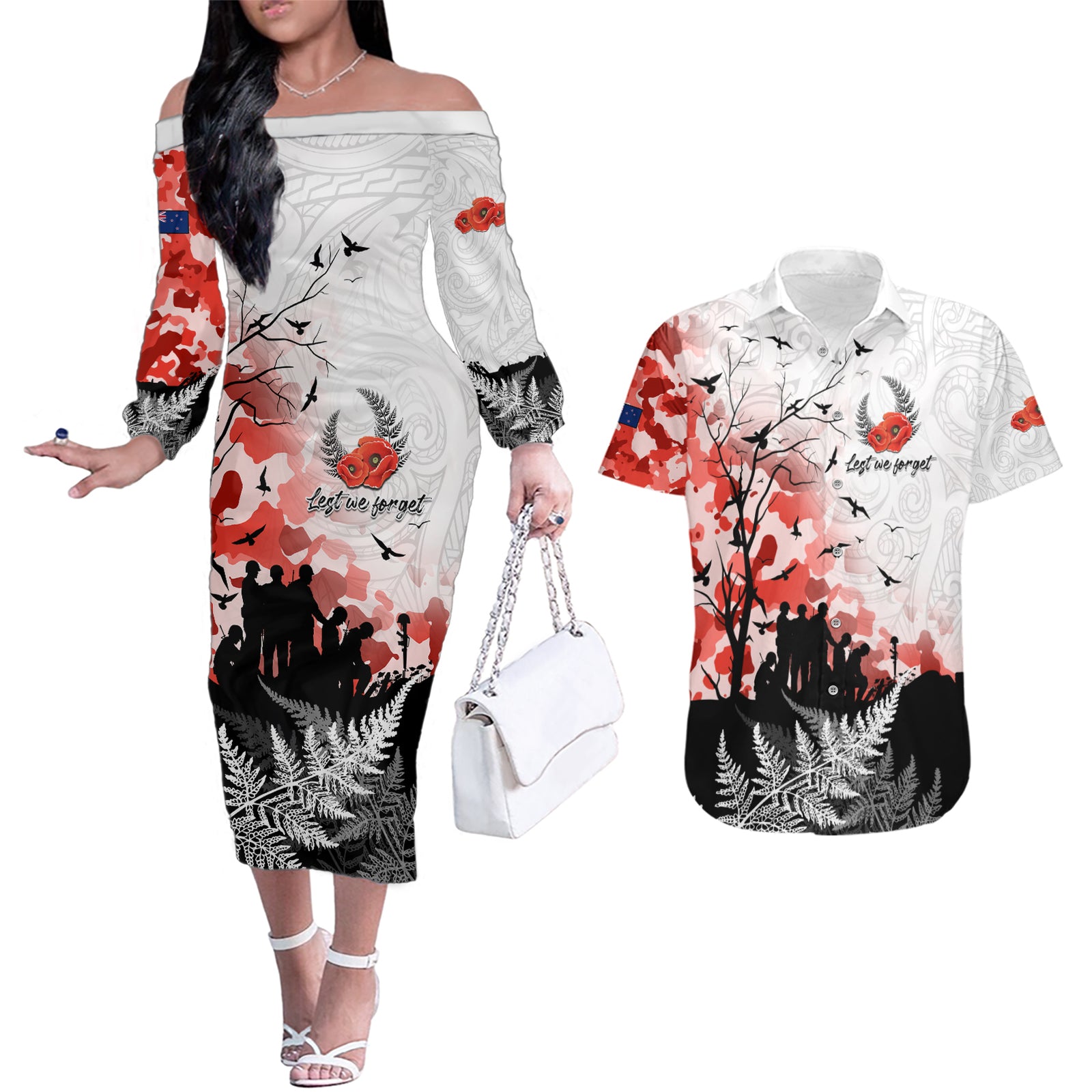 Kei Wareware Tatou New Zealand ANZAC Day Couples Matching Off The Shoulder Long Sleeve Dress and Hawaiian Shirt Lest We Forget LT05 White - Polynesian Pride