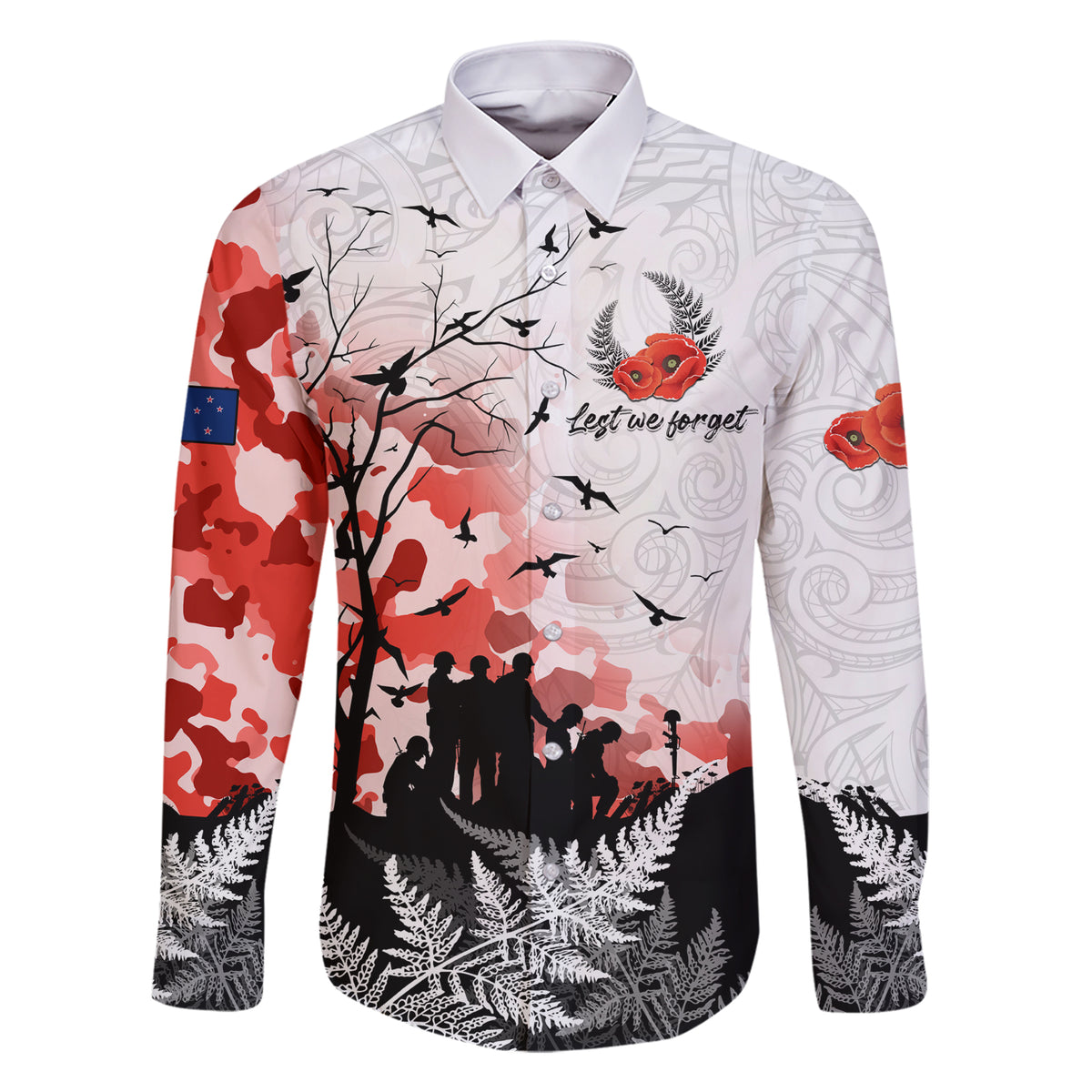 Kei Wareware Tatou New Zealand ANZAC Day Family Matching Short Sleeve Bodycon Dress and Hawaiian Shirt Lest We Forget LT05 Dad's Shirt - Long Sleeve White - Polynesian Pride