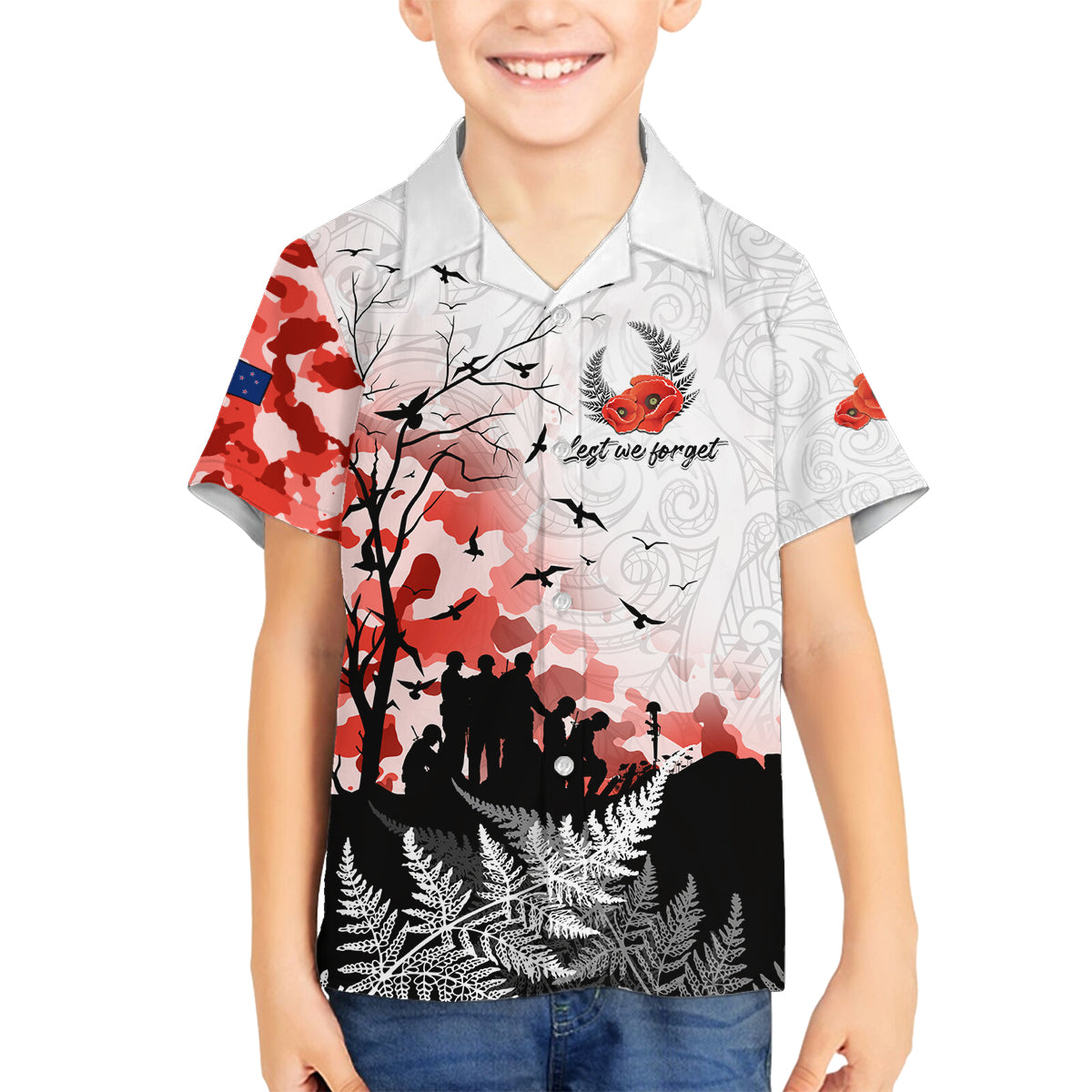 Kei Wareware Tatou New Zealand ANZAC Day Family Matching Tank Maxi Dress and Hawaiian Shirt Lest We Forget LT05 Son's Shirt White - Polynesian Pride