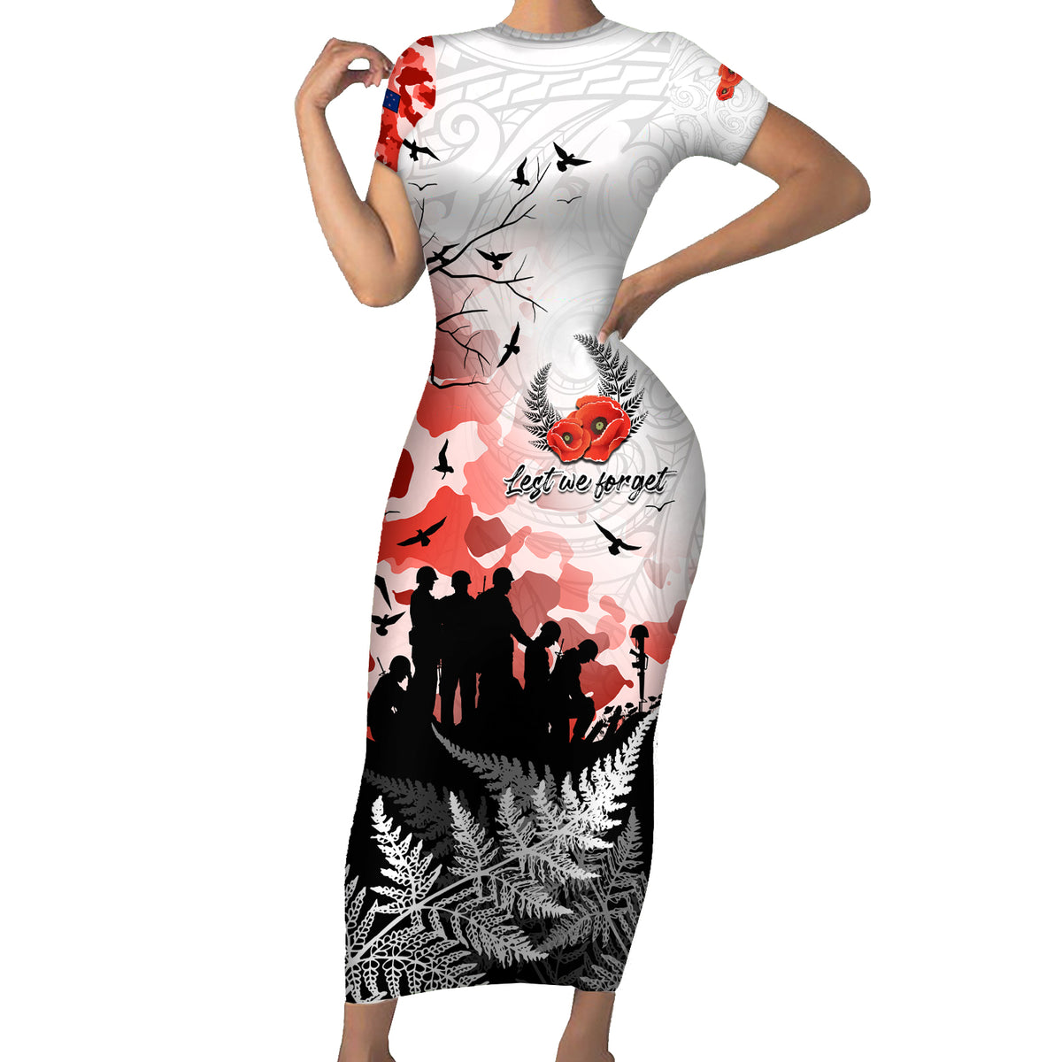 Kei Wareware Tatou New Zealand ANZAC Day Short Sleeve Bodycon Dress Lest We Forget LT05 Long Dress White - Polynesian Pride