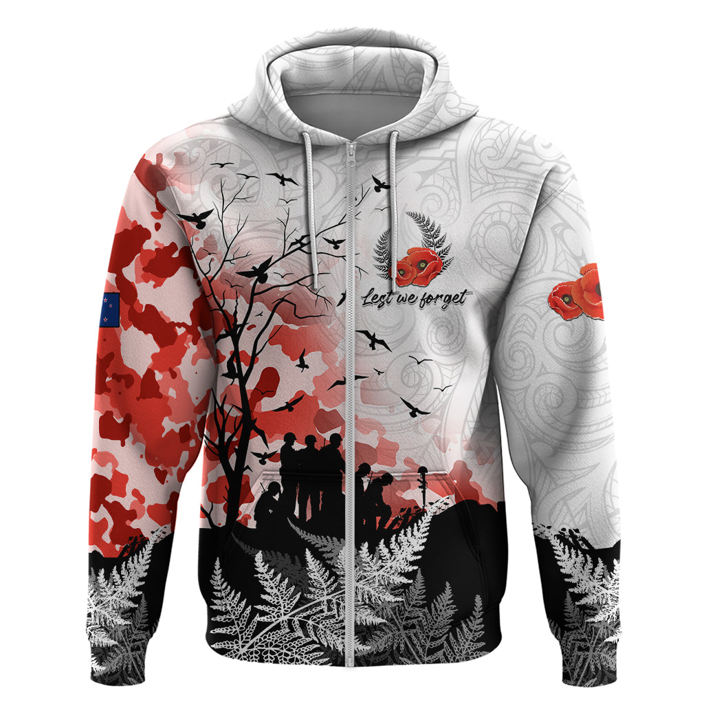 Kei Wareware Tatou New Zealand ANZAC Day Zip Hoodie Lest We Forget LT05 Zip Hoodie White - Polynesian Pride