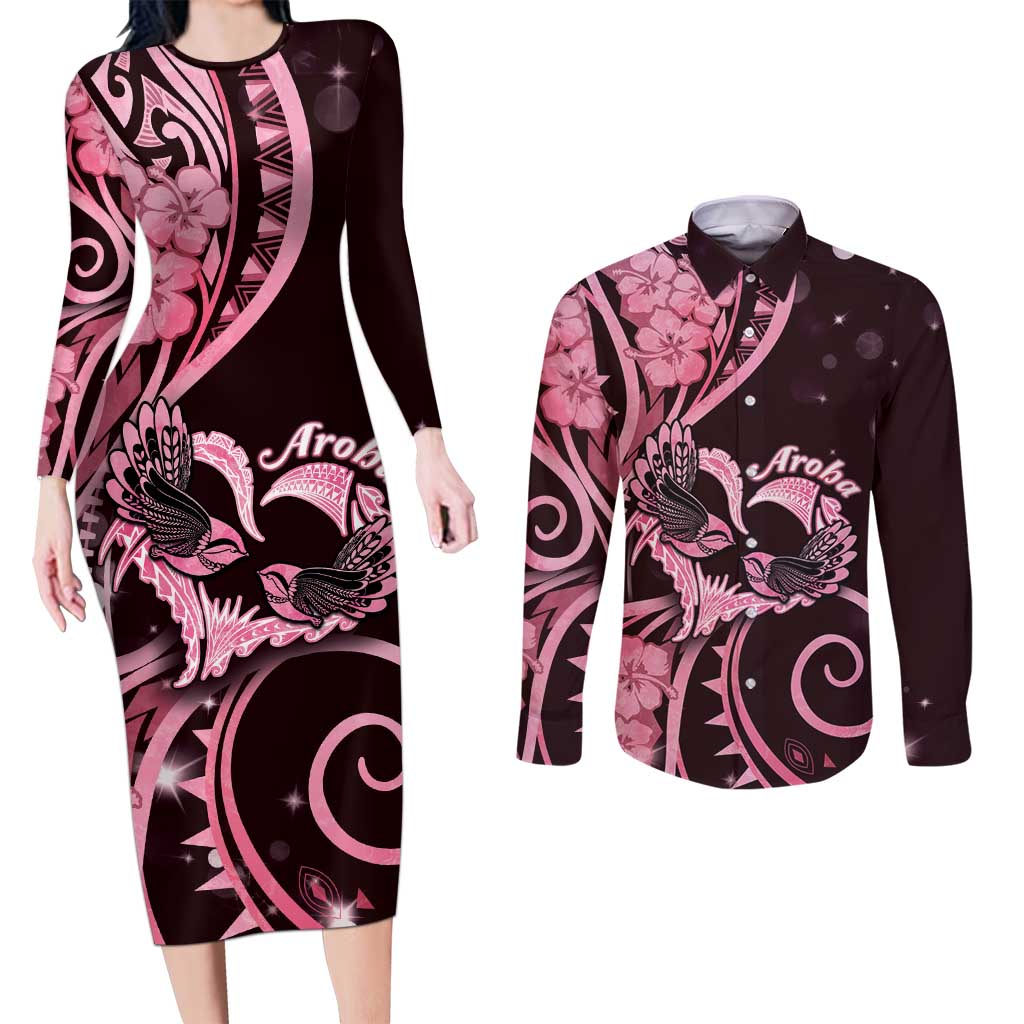 New Zealand Valentine Couples Matching Long Sleeve Bodycon Dress and Long Sleeve Button Shirt Aroha Sweet Pink Piwakawaka LT05 Pink - Polynesian Pride