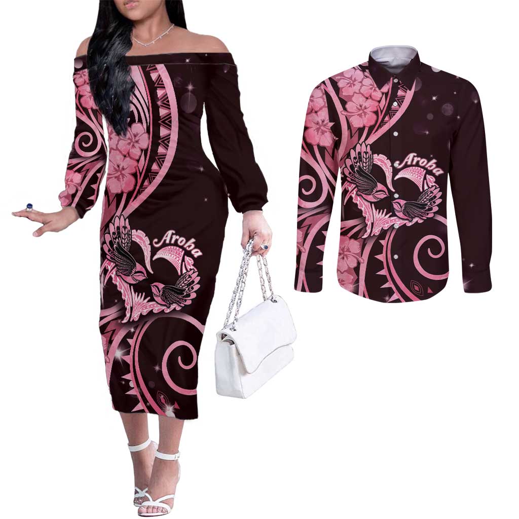 New Zealand Valentine Couples Matching Off The Shoulder Long Sleeve Dress and Long Sleeve Button Shirt Aroha Sweet Pink Piwakawaka LT05 Pink - Polynesian Pride