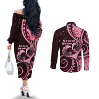 New Zealand Valentine Couples Matching Off The Shoulder Long Sleeve Dress and Long Sleeve Button Shirt Aroha Sweet Pink Piwakawaka LT05 - Polynesian Pride