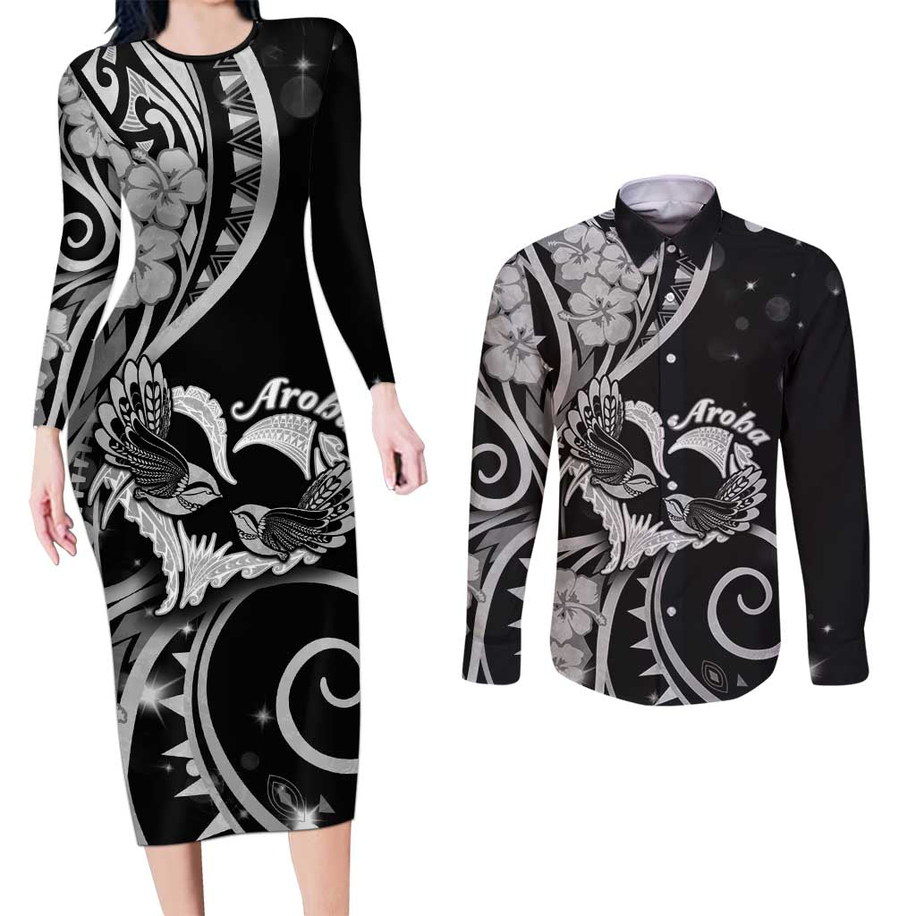 New Zealand Valentine Couples Matching Long Sleeve Bodycon Dress and Long Sleeve Button Shirt Aroha Gray Piwakawaka LT05 Gray - Polynesian Pride