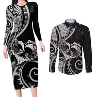 New Zealand Valentine Couples Matching Long Sleeve Bodycon Dress and Long Sleeve Button Shirt Aroha Gray Piwakawaka LT05 Gray - Polynesian Pride