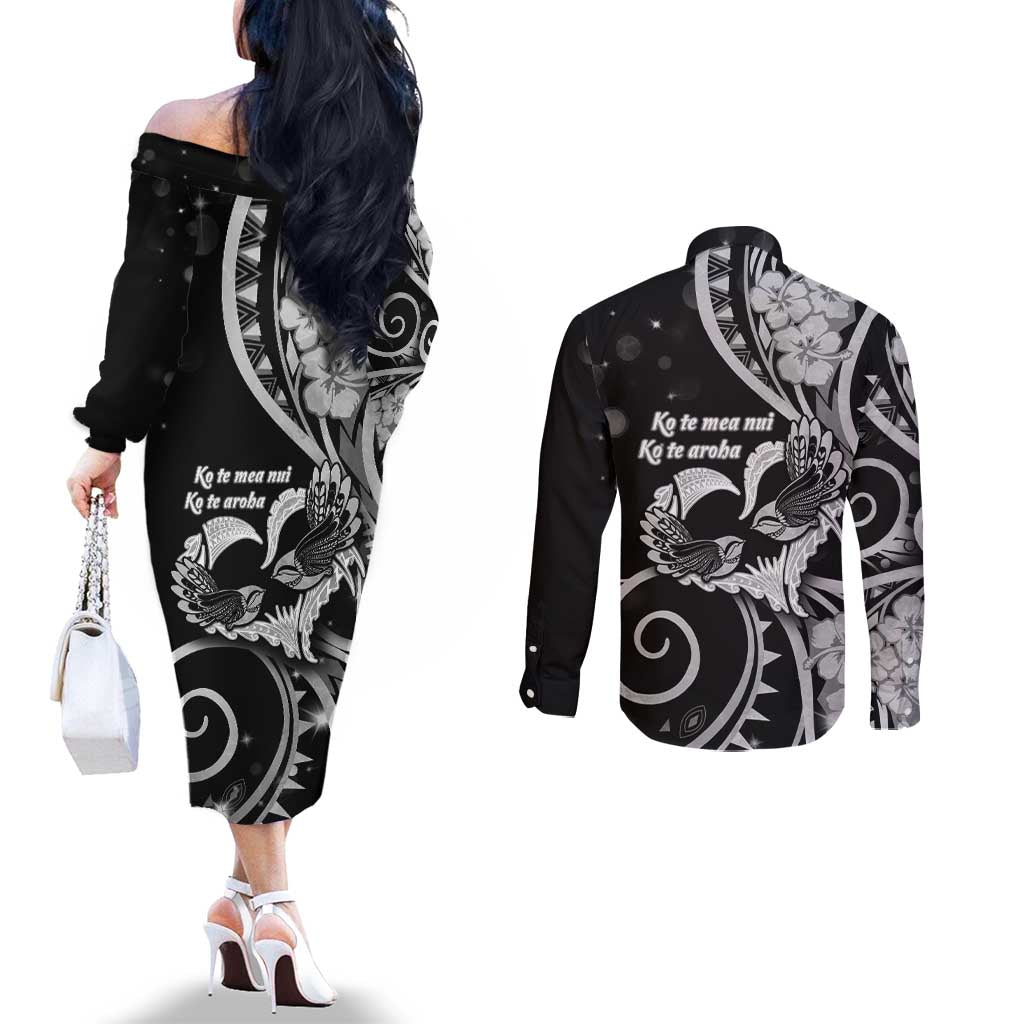 New Zealand Valentine Couples Matching Off The Shoulder Long Sleeve Dress and Long Sleeve Button Shirt Aroha Gray Piwakawaka LT05 - Polynesian Pride