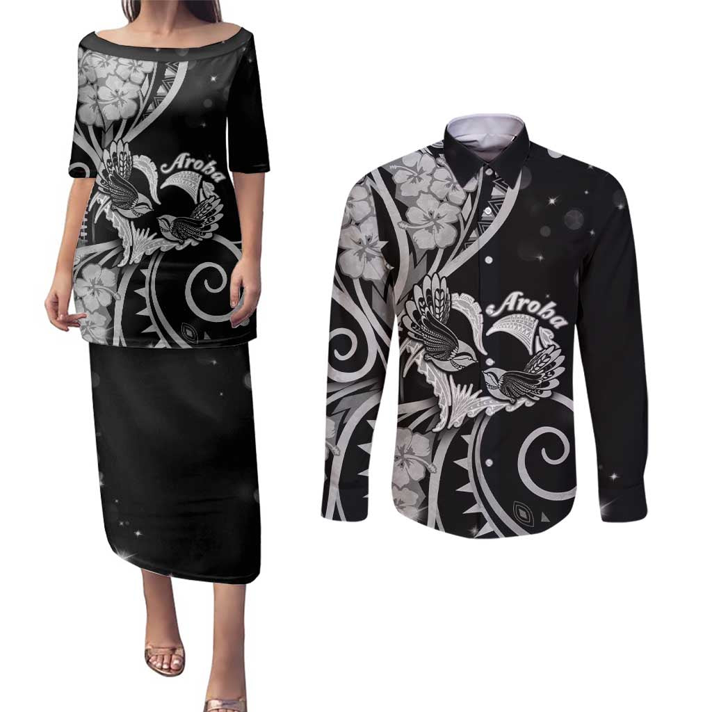 New Zealand Valentine Couples Matching Puletasi and Long Sleeve Button Shirt Aroha Gray Piwakawaka LT05 Gray - Polynesian Pride
