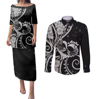 New Zealand Valentine Couples Matching Puletasi and Long Sleeve Button Shirt Aroha Gray Piwakawaka LT05 Gray - Polynesian Pride
