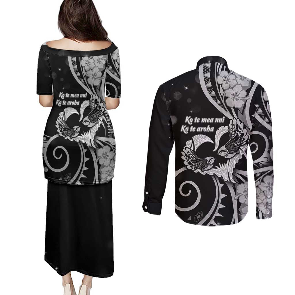 New Zealand Valentine Couples Matching Puletasi and Long Sleeve Button Shirt Aroha Gray Piwakawaka LT05 - Polynesian Pride