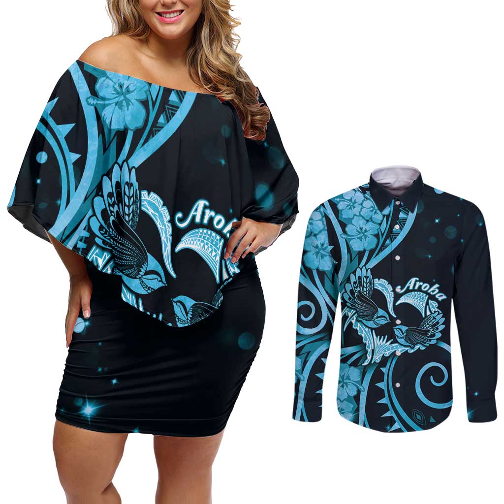 New Zealand Valentine Couples Matching Off Shoulder Short Dress and Long Sleeve Button Shirt Aroha Cyan Piwakawaka LT05 Cyan - Polynesian Pride