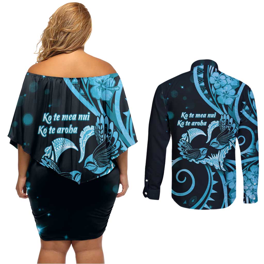 New Zealand Valentine Couples Matching Off Shoulder Short Dress and Long Sleeve Button Shirt Aroha Cyan Piwakawaka LT05 - Polynesian Pride