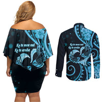 New Zealand Valentine Couples Matching Off Shoulder Short Dress and Long Sleeve Button Shirt Aroha Cyan Piwakawaka LT05 - Polynesian Pride