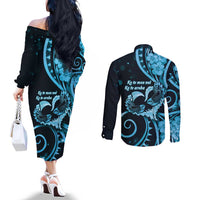 New Zealand Valentine Couples Matching Off The Shoulder Long Sleeve Dress and Long Sleeve Button Shirt Aroha Cyan Piwakawaka