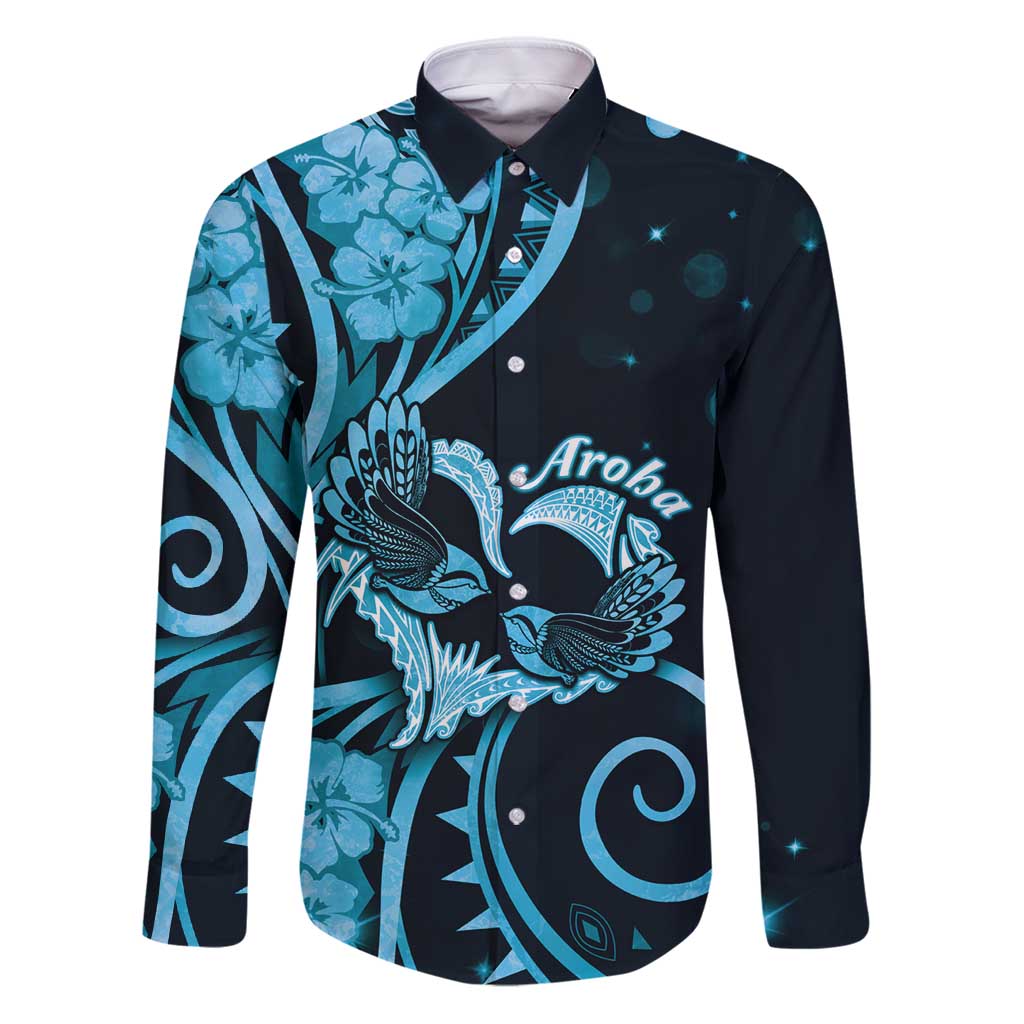New Zealand Valentine Family Matching Puletasi and Hawaiian Shirt Aroha Cyan Piwakawaka