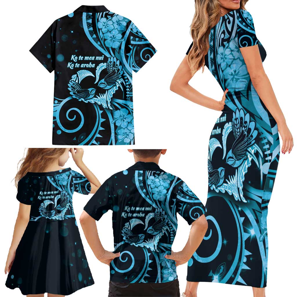 New Zealand Valentine Family Matching Short Sleeve Bodycon Dress and Hawaiian Shirt Aroha Cyan Piwakawaka