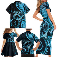 New Zealand Valentine Family Matching Short Sleeve Bodycon Dress and Hawaiian Shirt Aroha Cyan Piwakawaka