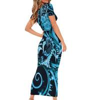 New Zealand Valentine Family Matching Short Sleeve Bodycon Dress and Hawaiian Shirt Aroha Cyan Piwakawaka