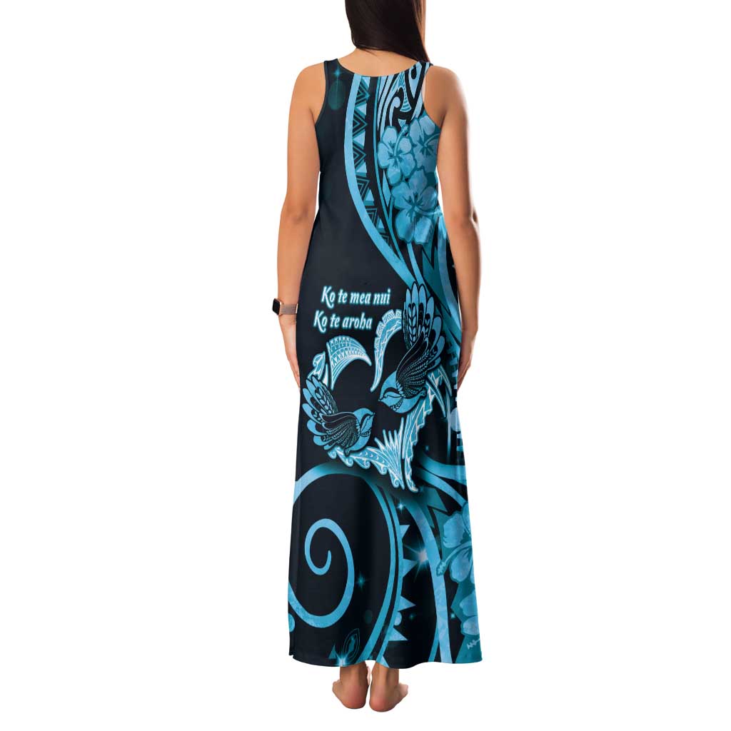 New Zealand Valentine Family Matching Tank Maxi Dress and Hawaiian Shirt Aroha Cyan Piwakawaka