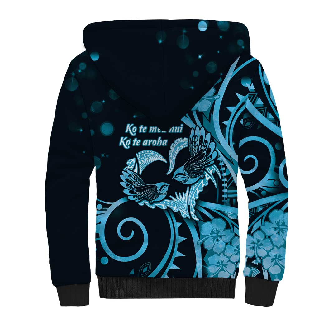 New Zealand Valentine Sherpa Hoodie Aroha Cyan Piwakawaka