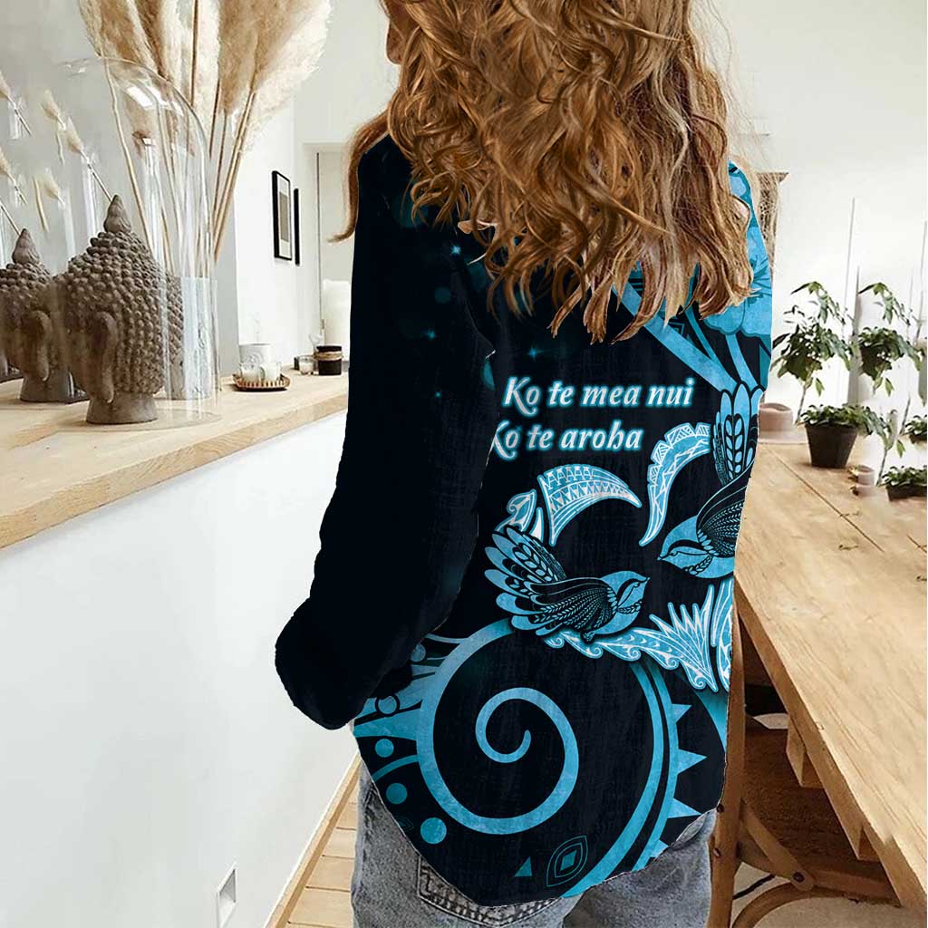 New Zealand Valentine Women Casual Shirt Aroha Cyan Piwakawaka