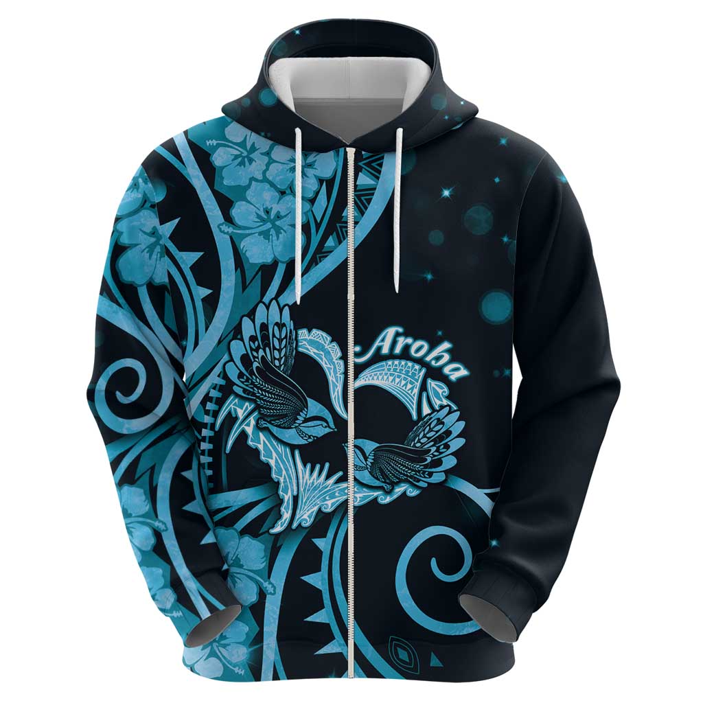 New Zealand Valentine Zip Hoodie Aroha Cyan Piwakawaka