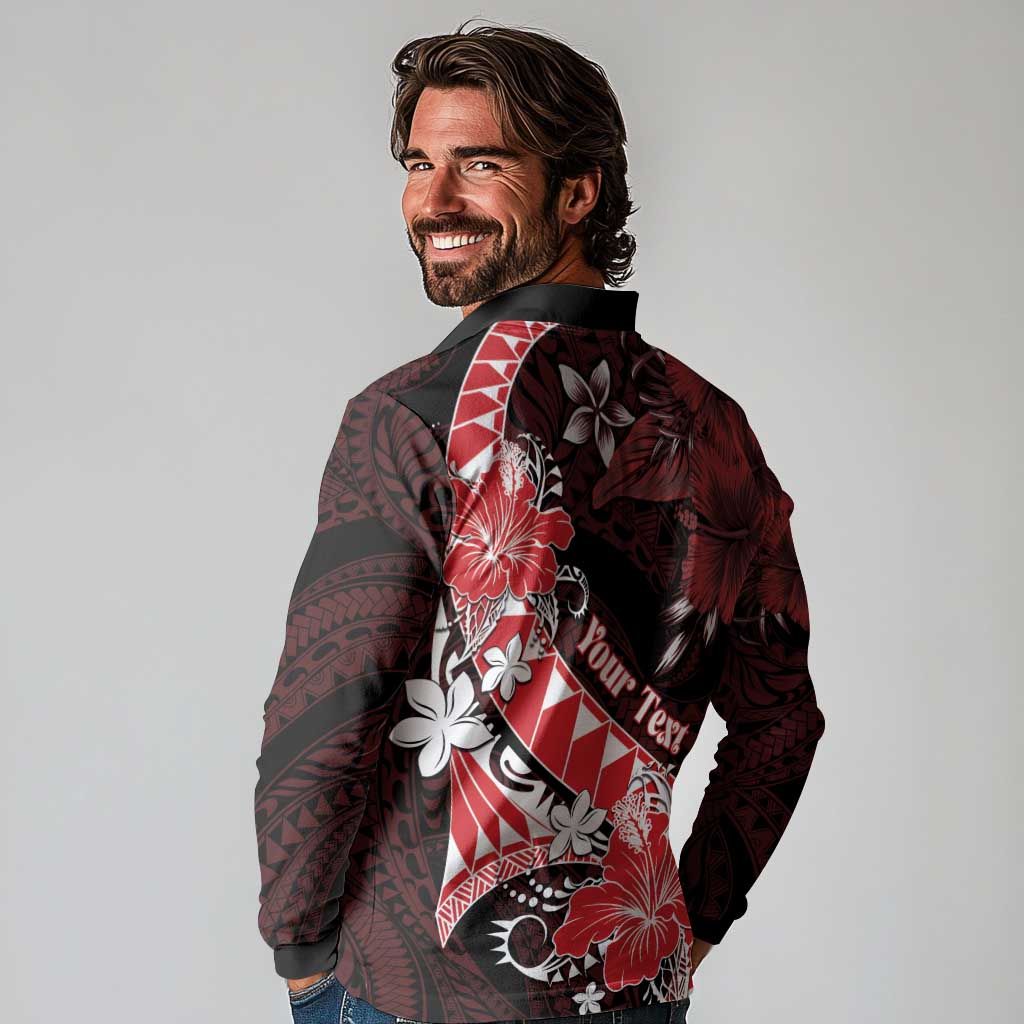 Personalised Hawaii Valentine Day Long Sleeve Polo Shirt Polynesian Hibiscus Art Style Red