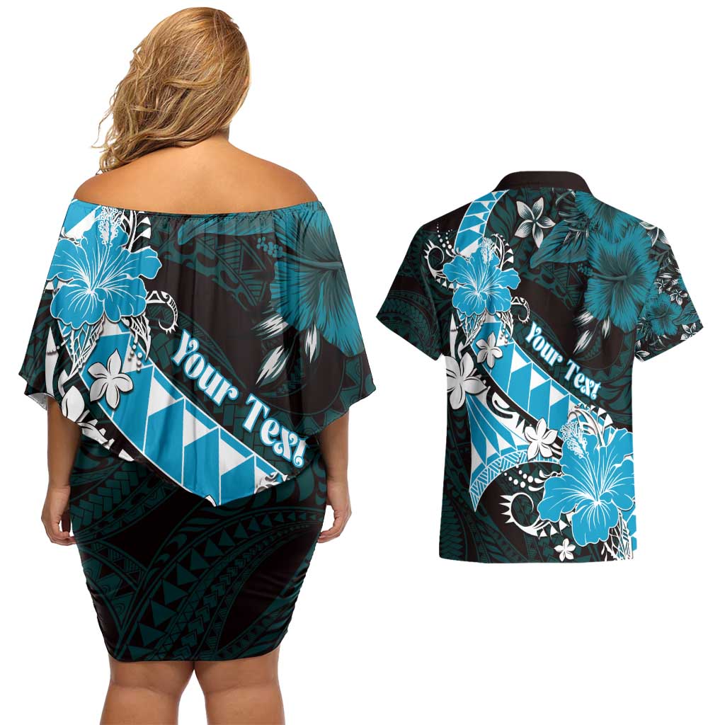 Personalised Hawaii Valentine Day Couples Matching Off Shoulder Short Dress and Hawaiian Shirt Polynesian Hibiscus Art Style Turquoise