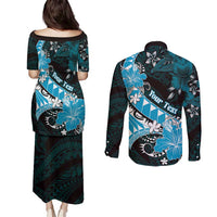 Personalised Hawaii Valentine Day Couples Matching Puletasi and Long Sleeve Button Shirt Polynesian Hibiscus Art Style Turquoise