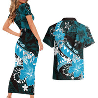 Personalised Hawaii Valentine Day Couples Matching Short Sleeve Bodycon Dress and Hawaiian Shirt Polynesian Hibiscus Art Style Turquoise