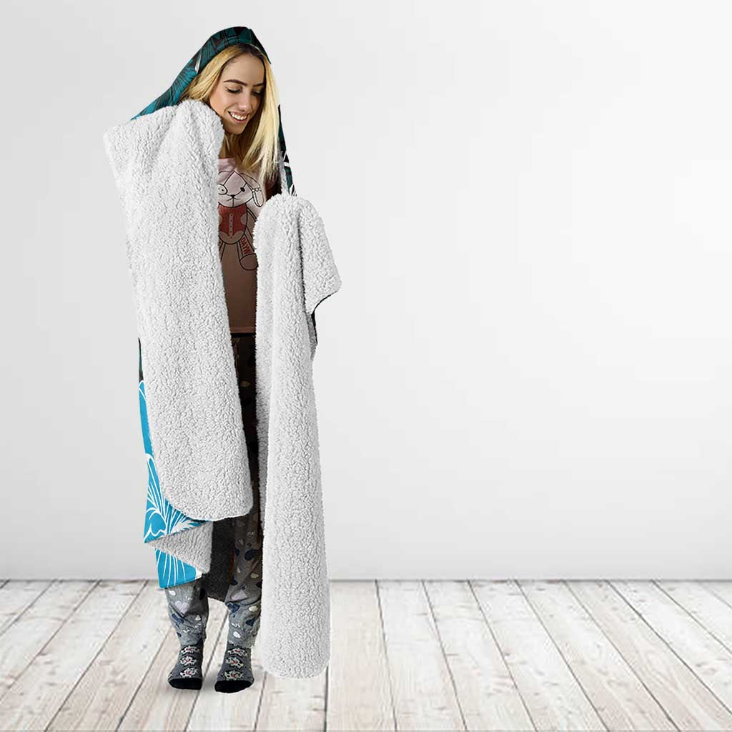 Hawaii Valentine Day Hooded Blanket Polynesian Hibiscus Art Style Turquoise