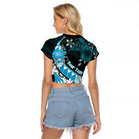 Personalised Hawaii Valentine Day Raglan Cropped T Shirt Polynesian Hibiscus Art Style Turquoise