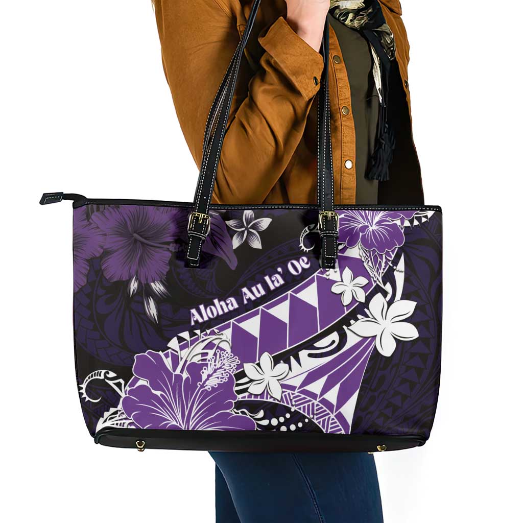 Hawaii Valentine Day Leather Tote Bag Polynesian Hibiscus Art Style Purple