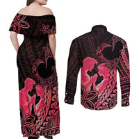 Alofa Samoa Valentine Red Couples Matching Off Shoulder Maxi Dress and Long Sleeve Button Shirt Love Is The Greatest Thing