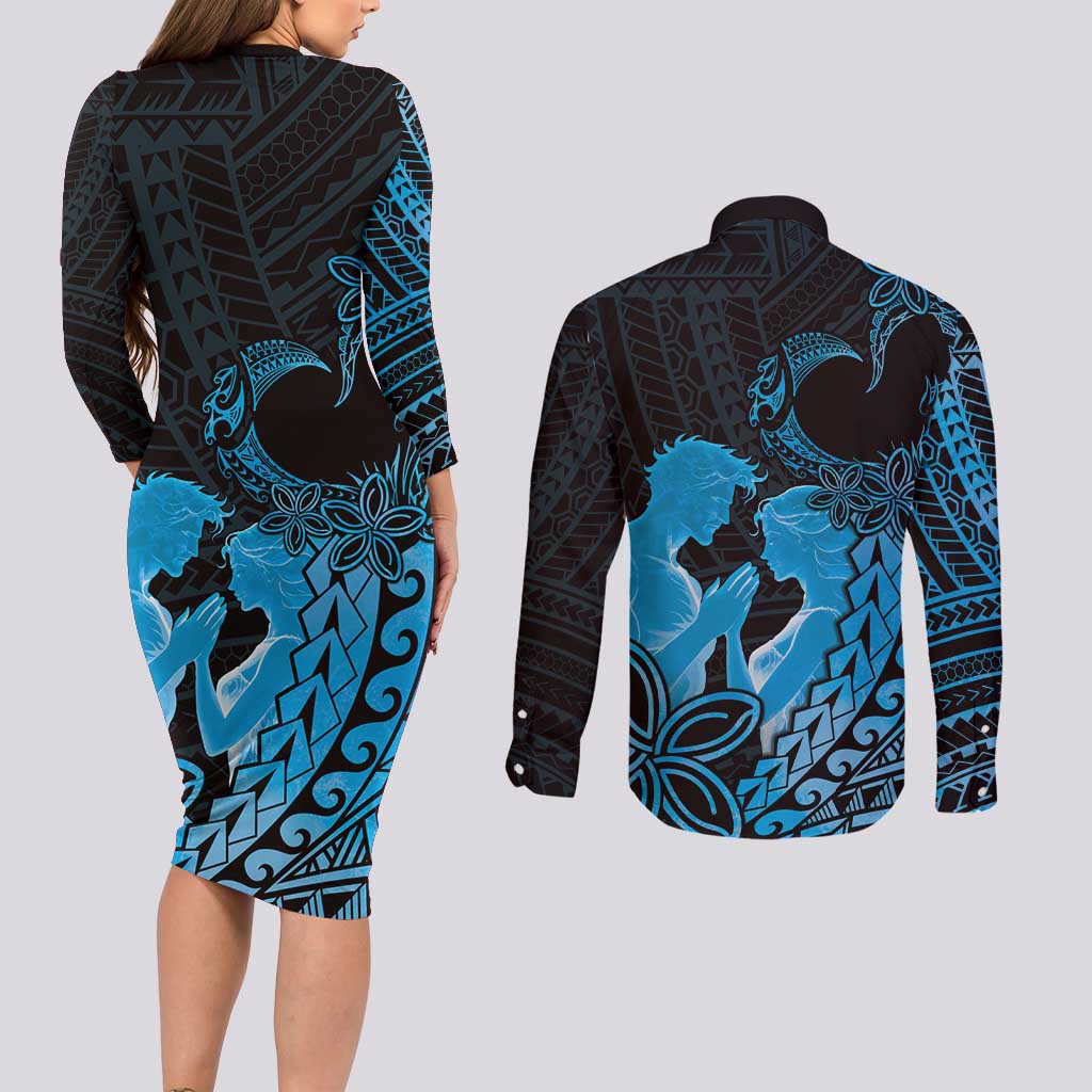 Alofa Samoa Valentine Blue Couples Matching Long Sleeve Bodycon Dress and Long Sleeve Button Shirt Love Is The Greatest Thing